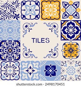 Collection of ceramic tiles in turkish style. Seamless colorful Azulejo tiles. Patchwork. Portuguese and Spain decor. Islam, Arabic, Indian, Ottoman motif. Vector Hand drawn background