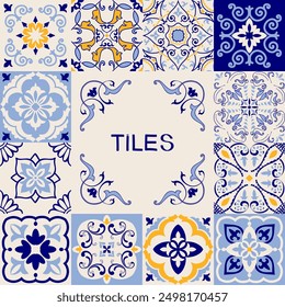 Collection of ceramic tiles in turkish style. Seamless colorful Azulejo tiles. Patchwork. Portuguese and Spain decor. Islam, Arabic, Indian, Ottoman motif. Vector Hand drawn background