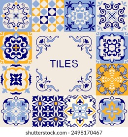 Collection of ceramic tiles in turkish style. Seamless colorful Azulejo tiles. Patchwork. Portuguese and Spain decor. Islam, Arabic, Indian, Ottoman motif. Vector Hand drawn background