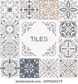 Collection of ceramic tiles in turkish style. Seamless colorful Azulejo tiles. Portuguese and Spain decor. Islam, Arabic, Indian, Ottoman motif. Vector Hand drawn background