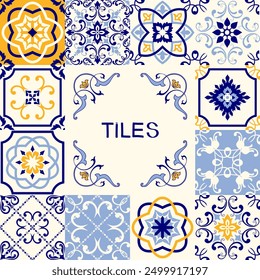 Collection of ceramic tiles in turkish style. Seamless colorful Azulejo tiles. Patchwork. Portuguese and Spain decor. Islam, Arabic, Indian, Ottoman motif. Vector Hand drawn background