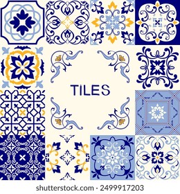 Collection of ceramic tiles in turkish style. Seamless colorful Azulejo tiles. Patchwork. Portuguese and Spain decor. Islam, Arabic, Indian, Ottoman motif. Vector Hand drawn background