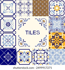 Collection of ceramic tiles in turkish style. Seamless colorful Azulejo tiles. Patchwork. Portuguese and Spain decor. Islam, Arabic, Indian, Ottoman motif. Vector Hand drawn background