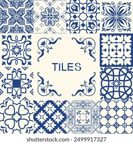 Collection of ceramic tiles in turkish style. Seamless colorful Azulejo tiles. Patchwork. Portuguese and Spain decor. Islam, Arabic, Indian, Ottoman motif. Vector Hand drawn background