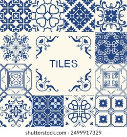 Kollektion von Keramikfliesen im türkischen Stil. Nahtlose bunte Azulejo-Fliesen. Patchwork. Portugiesische und spanische Dekoration. Islam, arabisch, indisch, ottomanisches Motiv. Vektor Handgezeichneter Hintergrund