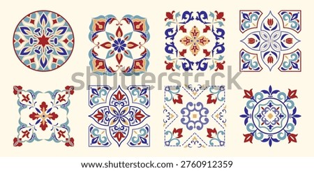 Collection of ceramic tiles in turkish style. Seamless colorful patchwork from Azulejo tiles. Portuguese and Spain decor. Islam, Arabic, Indian, Ottoman motif. Vector Hand drawn background