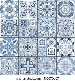 A collection of ceramic tiles in white and blue colors. A set of square patterns in ethnic style. Vector illustration.