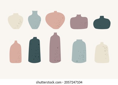 Collection ceramic vases. Isolated on beige background. Сeramic dishes for interior decoration. Illustration for restaurant menu, wrapping paper, post cards, advertising, packaging.