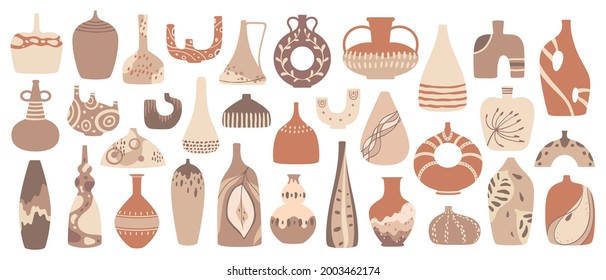 Collection of ceramic vases with trendy designs. Set of modern ceramics for home decoration. Vector illustration in flat design isolated on white background.