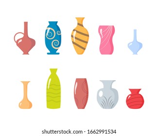 A collection of ceramic vases.Kitchen utensils, clay bowls and pots.Colored ceramic vases objects, antique cups with flowers, floral and abstract patterns.Elements of the interior.Vector illustration.