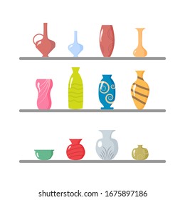 A collection of ceramic vases.Kitchen utensils, clay bowls and pots.Colored ceramic vases objects, antique cups with flowers, floral and abstract patterns.Elements of the interior.Vector illustration.