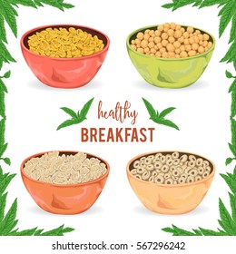 Collection of cereal porridge, granola, flakes and rings in bowl with mint leaves on white background. Healthy breakfast. Isolated elements. Hand drawn vector illustration