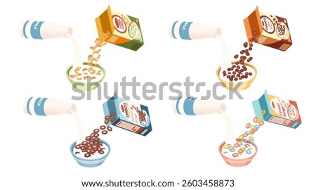 Collection of cereal preparation with boxes and bottles of milk. Cereal boxes pouring into bowls. Breakfast food preparation. Morning meal process. Vector illustration isolated on white background.