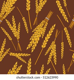 Collection of cereals, seamless pattern vector. Hand drawn icons set. Yellow and brown background with sketch objects. Illustration with plants. Decorative wallpaper, good for printing