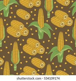 Collection of cereals, seamless pattern vector. Hand drawn icons set. Colorful background with sketch objects. Illustration with corn. Decorative wallpaper, good for printing