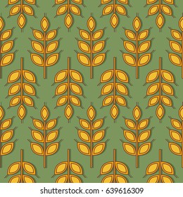 Collection of cereals, seamless pattern vector. Hand drawn icons set. Orange and green background. Illustration with plants. Decorative wallpaper, good for printing