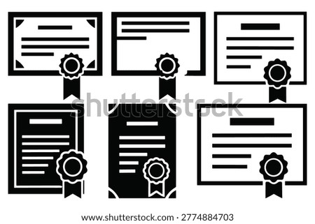 Collection of certificate and diploma icons, featuring various document layouts with seals and ribbons, isolated on white background.