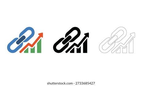 colección de logotipos de Enlaces de cadena con flechas y gráficas, utilizados para la construcción de backlinks y el crecimiento de SEO. Los logotipos están diseñados para representar la conexión, el crecimiento y la autoridad en el espacio de marketing digital. La Imagen presenta un diseño limpio y simple con fondo blanco, lo que la hace perfecta para su uso en presentaciones, informes y materiales de marketing.