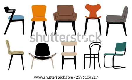 Collection of chairs with different colors and designs. Mid century modern furniture, armchairs, interior design elements. Flat vector illustrations isolated on white background