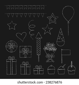 Collection of chalk birthday party icons in doodle style on black background