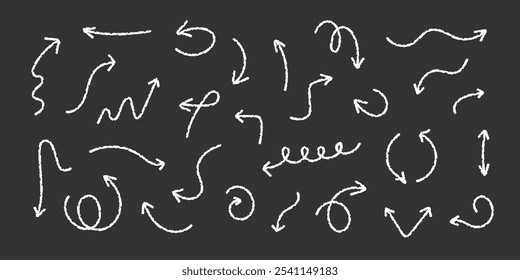 Collection of Chalk Crayon Drawn arrows in doodle style. Hand drawn scribble Textured arrow. Childs Drawings elements. Line Sketch illustration. Great for educational materials, 