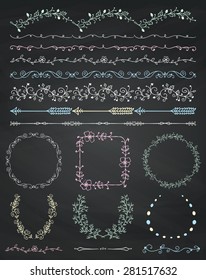 Collection of Chalk Drawing Artistic Hand Sketched Decorative Doodle Vintage Seamless Borders. Frames, Wreaths, Branches, Dividers. Design Elements. Hand Drawn Vector Illustration. Chalkboard Texture