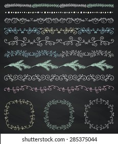 Collection of Chalk Drawing Artistic Hand Sketched Decorative Doodle Vintage Seamless Borders. Frames, Wreaths, Branches, Dividers. Design Elements. Hand Drawn Vector Illustration. Chalkboard Texture