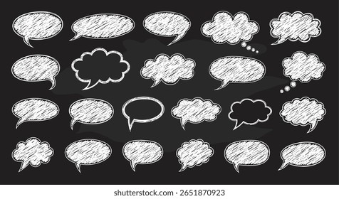 Collection of chalk drawn speech bubbles and thought clouds on a blackboard background for design and communication concepts