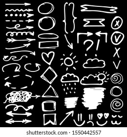 Collection of chalk hand drawing elements for social media. Isolated arrows, circles, squares, smiley on a black board background. Symbols of weather.The concept of rise and fall, problem solving. 