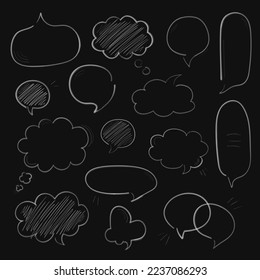 Collection of chalk hand drawn speech bubbles different shape - oval, round, fluffy, etc. Big and small white doodle chat clouds. Scribble sketch of dialogue symbols on black background