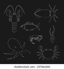 Collection of chalk seafood icons in doodle style on black background