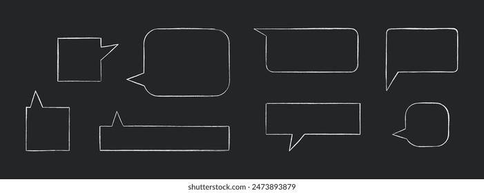 Collection of chalk speech bubbles on dark beckground.  Hand drawn scribble doodle empty rectangular templates, icons. Vector illustration