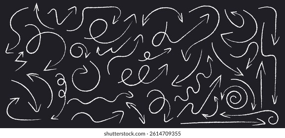 Collection of chalk style arrows drawn by hand on dark background. Perfect for infographics, presentations, educational materials, school design, and creative highlights.