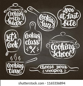 Collection Of Chalk Textured Contoured Cooking Label Or Logo On Blackboard. Hand Written Lettering, Calligraphy Cooking Vector Illustration. Cook, Chef, Kitchen Utensils Icon Or Logo.