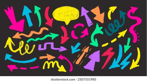 Collection of chalked colorful arrows.  Hand-drawn by brush. Freehand different curved arrows, straight, round, thick, thin, spiral signs and icons.