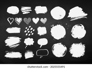 Collection of chalked grunge vector hand drawn elements and banners isolated on chalkboard background.