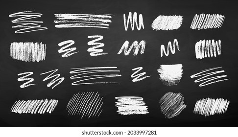 Collection of chalked grunge vector hand drawn scribble and hatching elements isolated on chalkboard background.