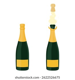 Collection of champagne bottles with golden cap isolated on white background. Champagne bottle with opened and closed cork. Festive sparkling wine bottle celebration concept. Vector illustration