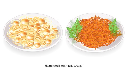 Collection. Champignon mushrooms with pickled onions on a plate. Korean carrot garnish. Delicious, diet and vegetarian dish. Vector illustration set.