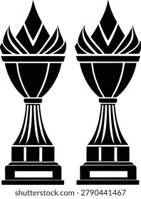 Collection of champion torch cup silhouettes featuring dynamic flame designs and decorative handles. Professional sports competition achievement symbols for winners and finalists.
