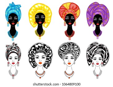 Collection. Chapter my lady. A bright shawl, a turban, was fastened on the head of an African-American girl. The woman is beautiful and stylish. Set of vector illustrations.