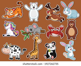 Collection Character Cute Animals Stickers. Animal Cartoon Flat Style. Vector Illustration Design Template. Farm Animals, Wild Animals, Water Animal