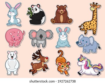 Collection character cute animals Stickers. Animal cartoon flat style. Vector illustration design template. Farm animals, wild animals, water animal