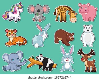 Collection character cute animals Stickers. Animal cartoon flat style. Vector illustration design template. Farm animals, wild animals, water animal