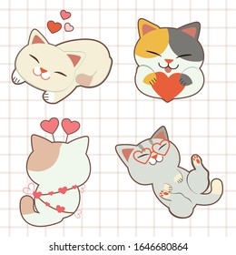 The collection of character of cute cat with heart set in flat vector style. Graphic resource about cat for banner, sticker label and greeting card.