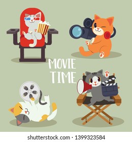 a collection of character of cute cat with movie concept in flat vector style. Graphic resource about cat and movie for graphic,content , banner, sticker and greeting card.