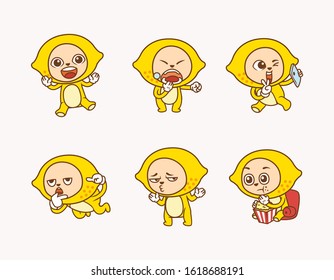 collection character of cute lemon with different facial expression and gesture vector illustration. use for emoticon, avatar, mascot and other.