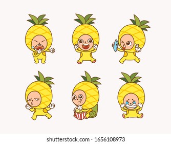 collection of character cute pineapple emoticon with different activities and facial expression. use for mascot, character, logo and other.