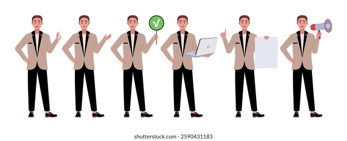 Collection of character with different gestures. Man is pointing with his hand, showing OK, holding a laptop, poster and sheet of paper. Vector collection in a flat style