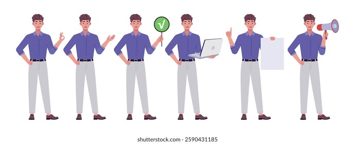 Collection of character with different gestures. Man is pointing with his hand, showing OK, holding a laptop, poster and sheet of paper. Vector collection in a flat style